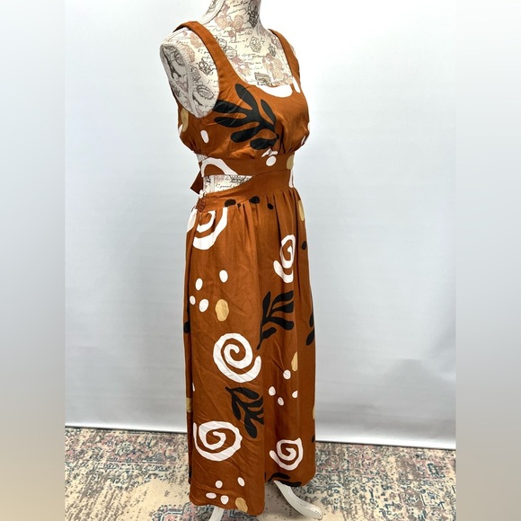 ILLA ILLA Brown and White graphic print open waist sleeveless maxi dress size S - Picture 9 of 14